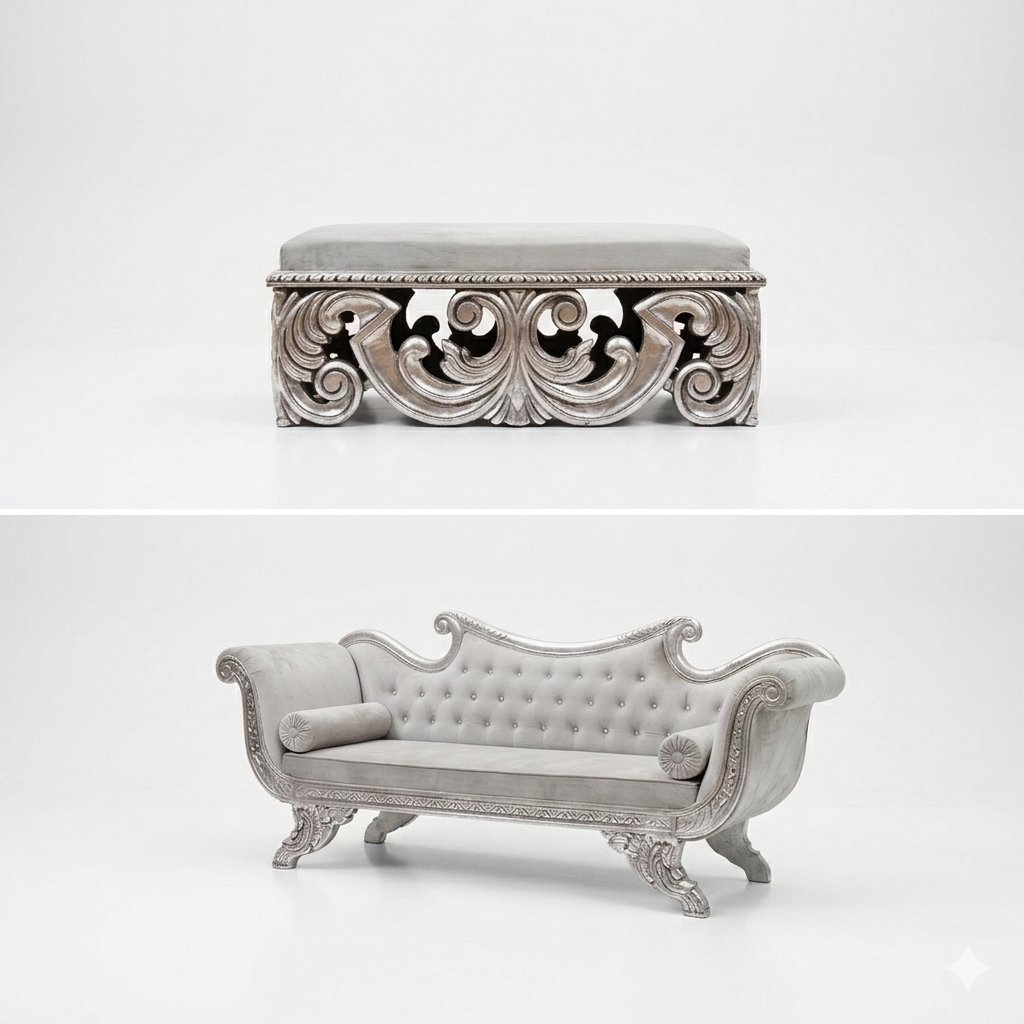 Silver carved bench and chaise set Pakistan