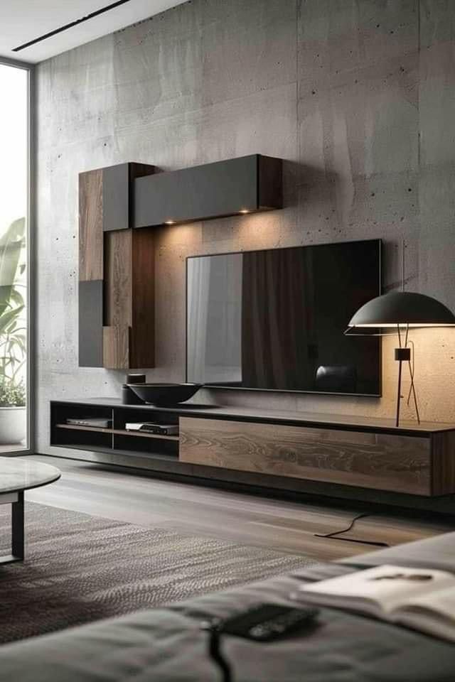 Floating dark wood concrete media wall