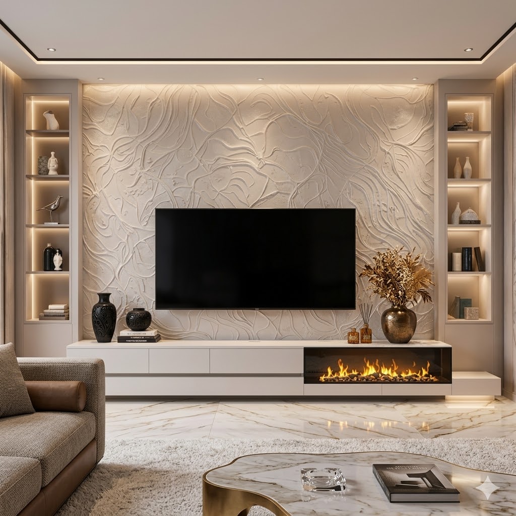 White textured fireplace media wall Pakistan