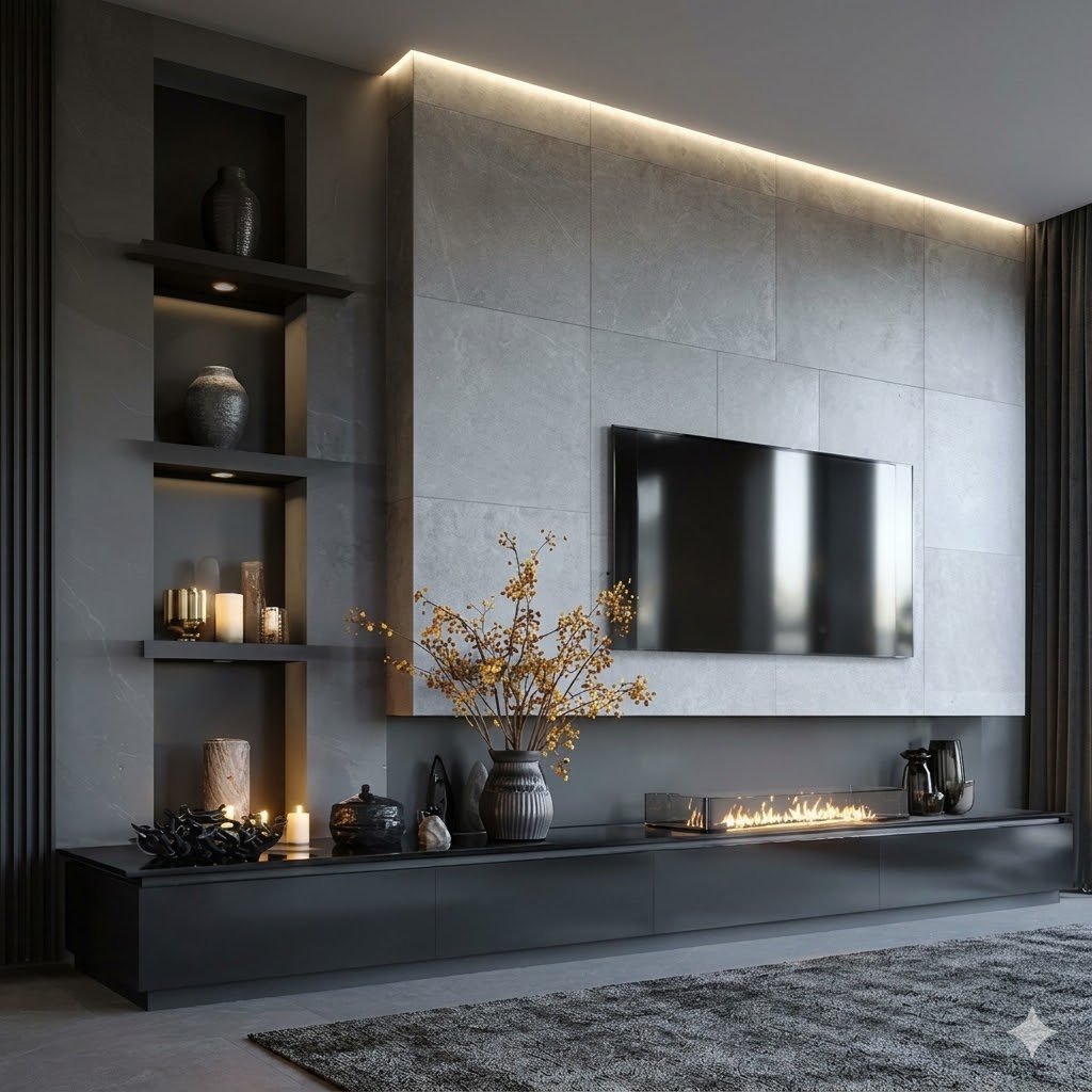 Grey stone fireplace media wall Karachi