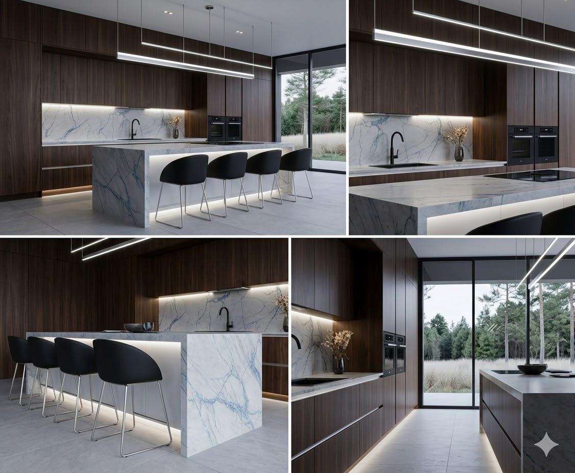 Marble island kitchen with bar seating Karachi