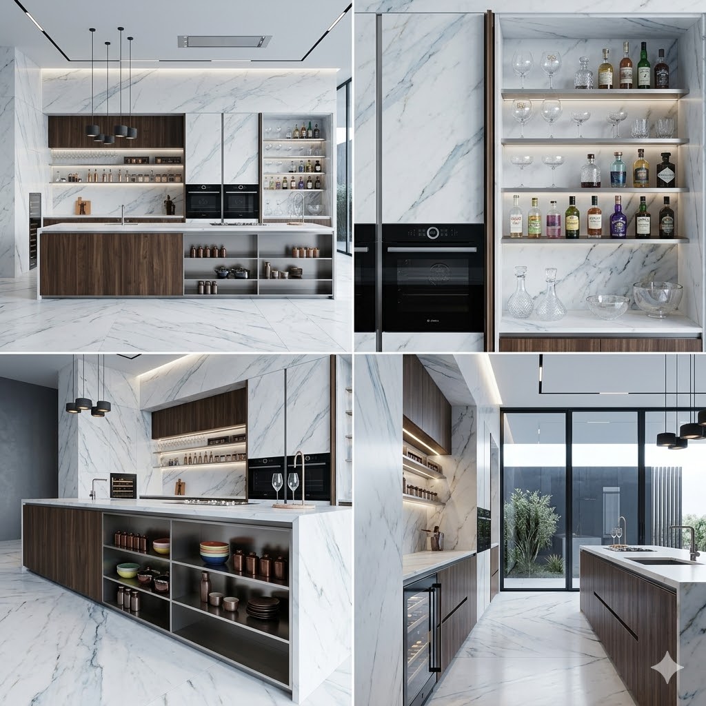 White marble open shelf modern kitchen