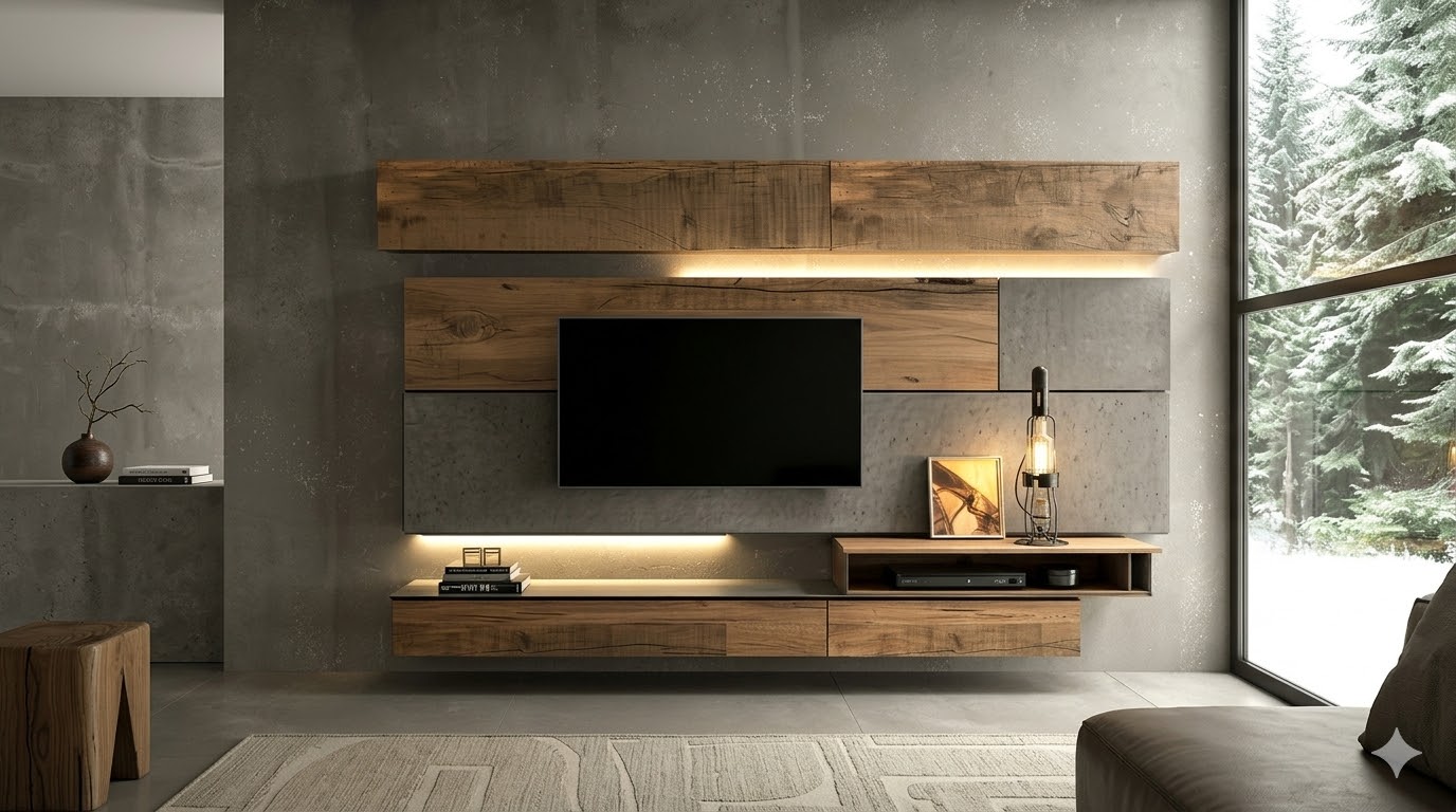 Wood and concrete floating panel media wall