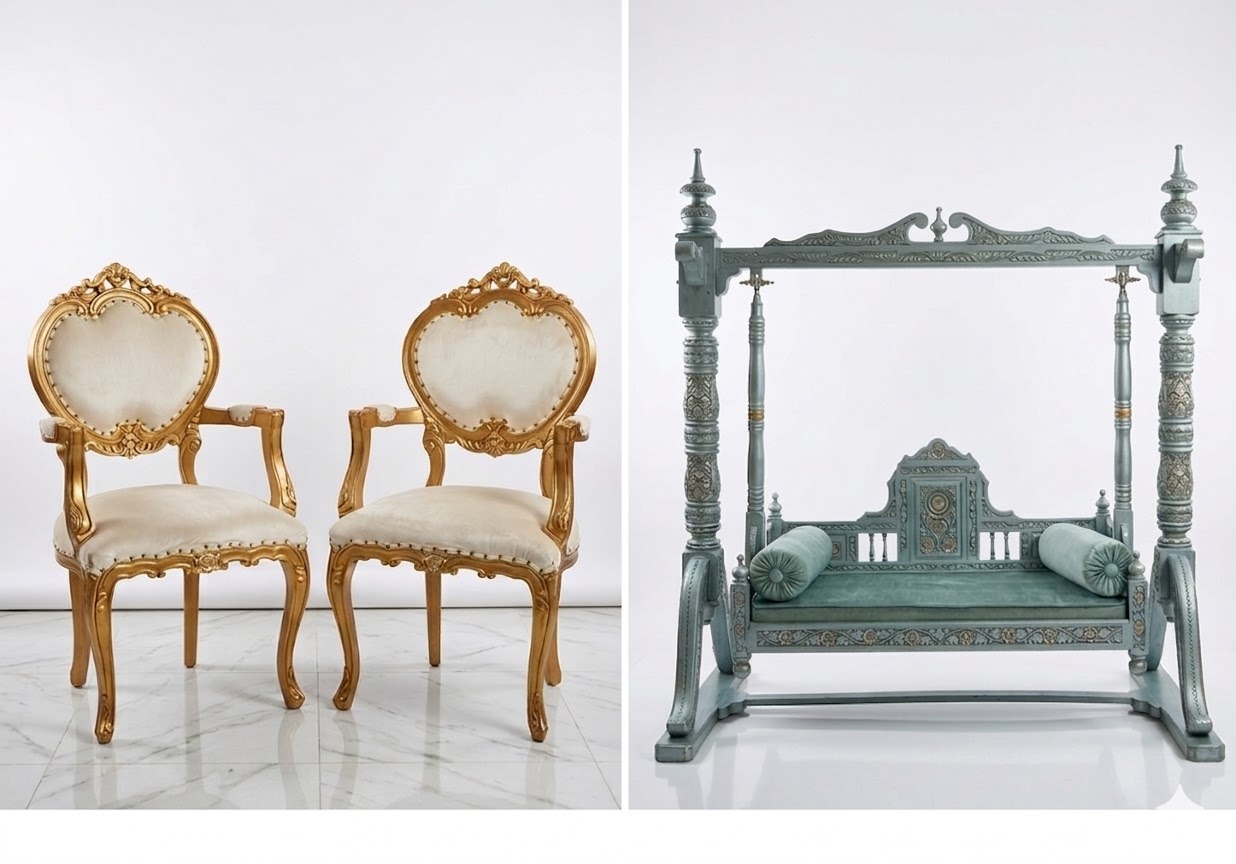 Baroque gold chairs and jhoola traditional furniture