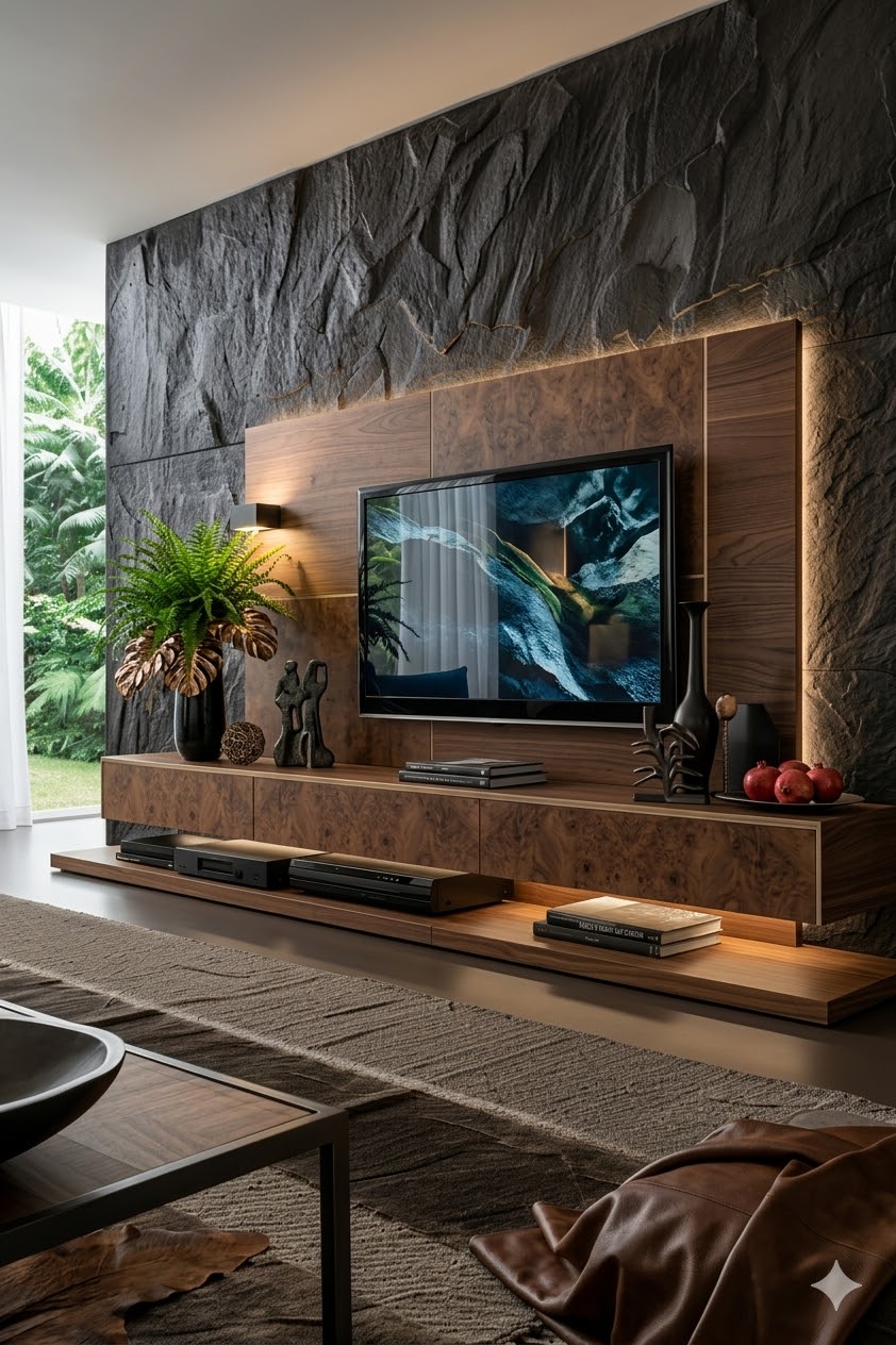 Stone and walnut burl TV unit Karachi