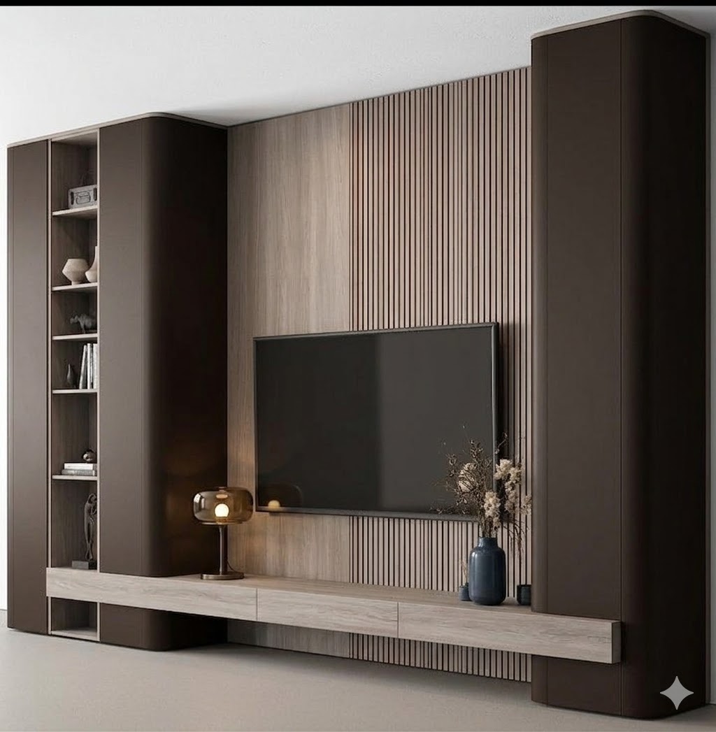 Dark walnut slat panel media wall Pakistan