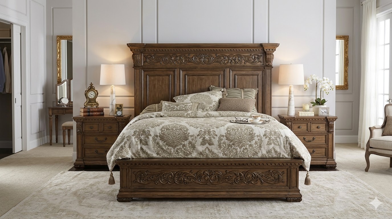 Grand carved walnut king bed Karachi