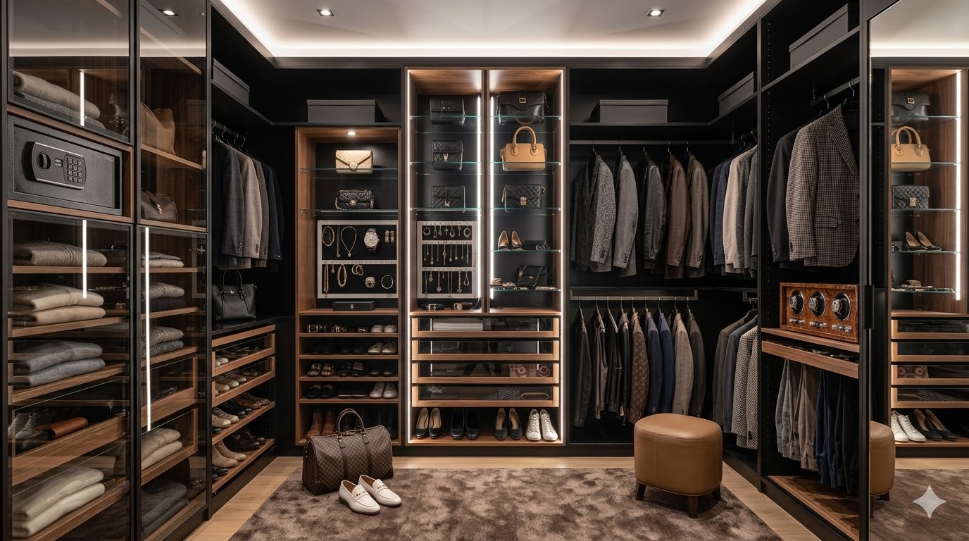 Dark walnut luxury walk-in wardrobe Karachi